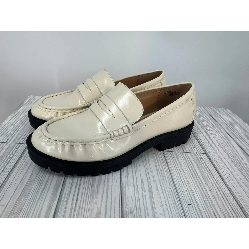 Loft Women's SIze 6.5 Cream Lug Penny Loafers Chunky Heel Flat Shoes Slip On‎